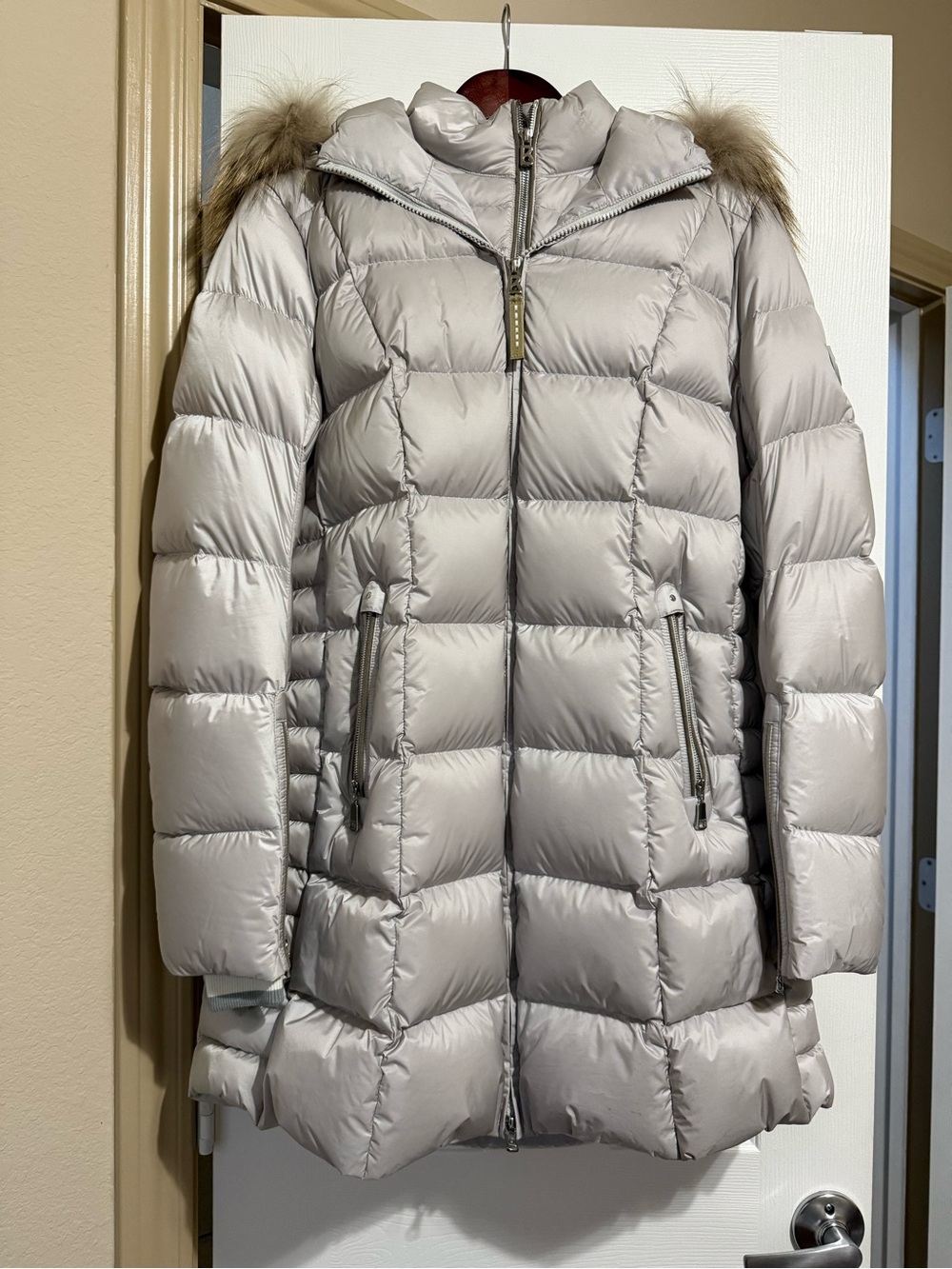 Bogner Light Gray Quilted Down Puffer Coat with Fur-Trim Hood